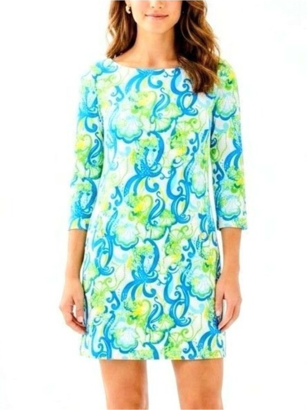 Lilly Pulitzer Dress Charlene Blue/Green & Gold Buttons with Pockets Women M